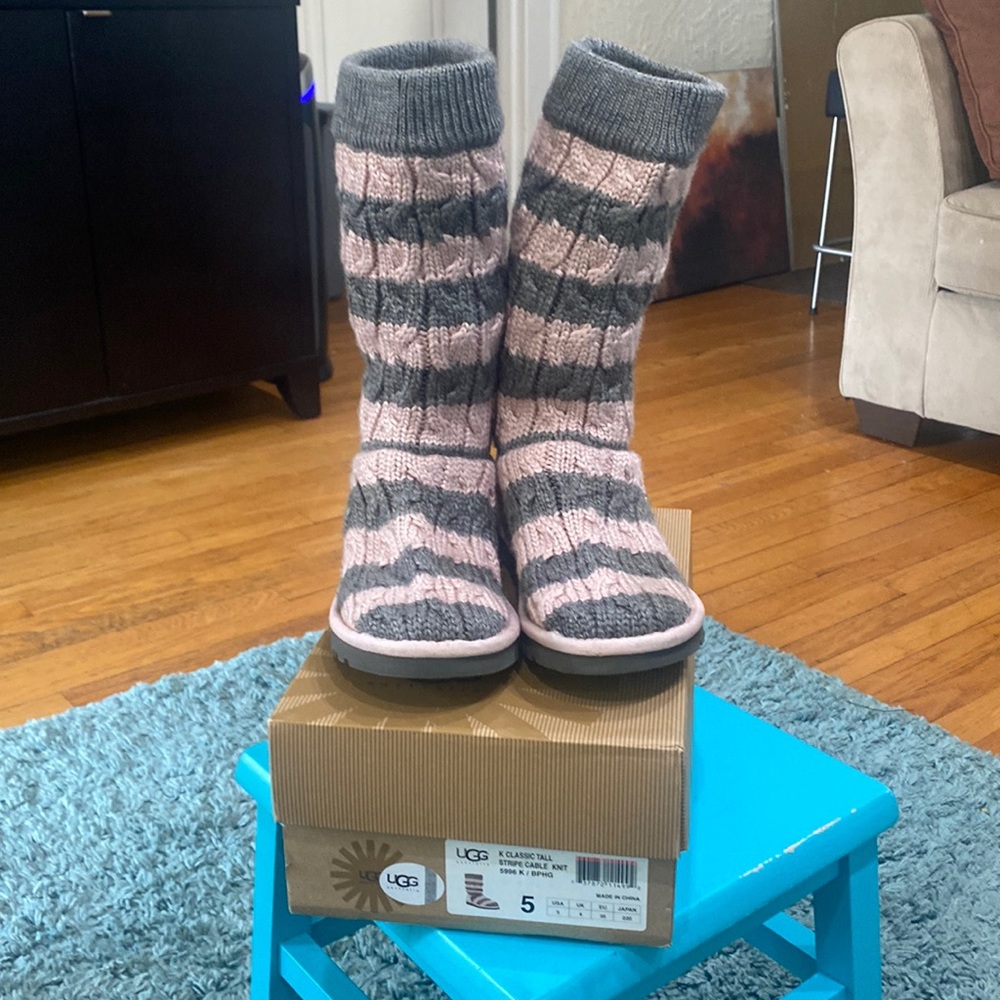 UGG classic tall striped cable knit baby pink and heather gray boots
